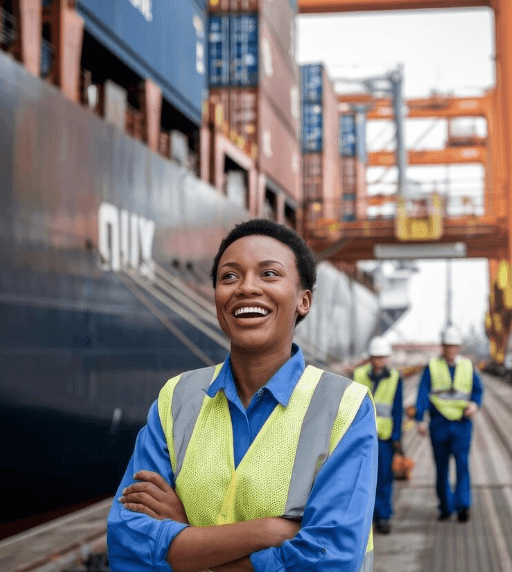 Smiling woman with folded arms beside ship